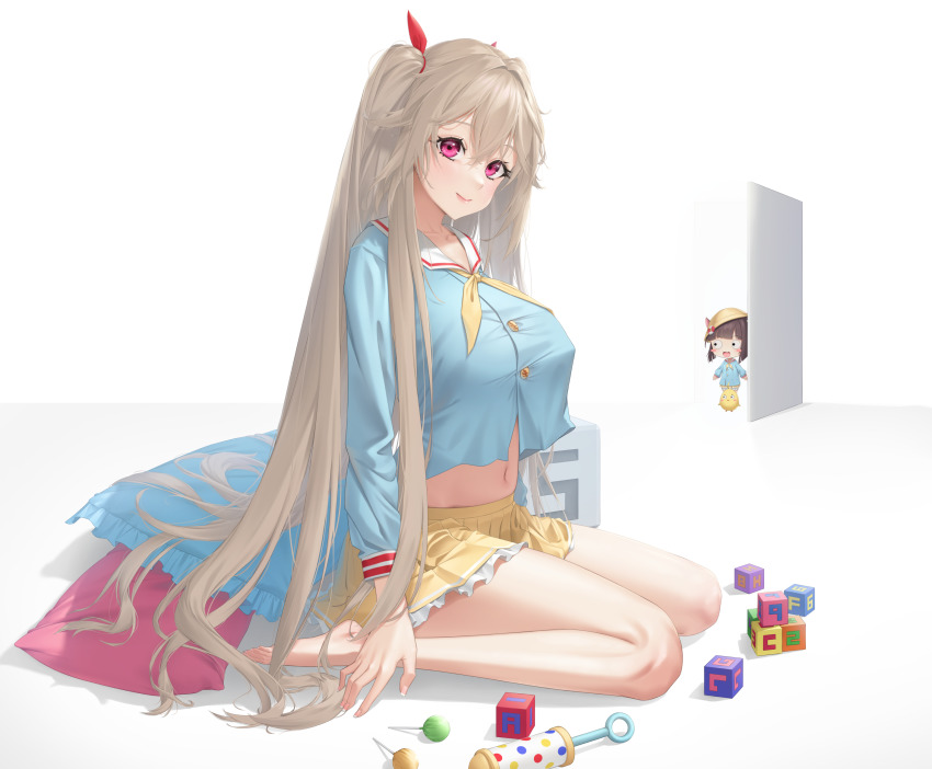 2girls, anchorage_(azur_lane), azur_lane, blue_shirt, breasts, brown_hair, candy, cosplay, cube, food, full_body, hair_between_eyes, hair_spread_out, highres, kindergarten_uniform, large_breasts, light_brown_hair, lollipop, long_hair, looking_at_viewer, manjuu_(azur_lane), medium_hair, midriff_peek, miniskirt, multiple_girls, mutsuki_(azur_lane), mutsuki_(azur_lane)_(cosplay), mutsuki_face_(azur_lane), navel, open_door, pillow, seiza, shirt, silver_tokki, simple_background, sitting, skirt, toy, undersized_clothes, very_long_hair, white_background, yellow_headwear, yellow_neckwear, yellow_skirt