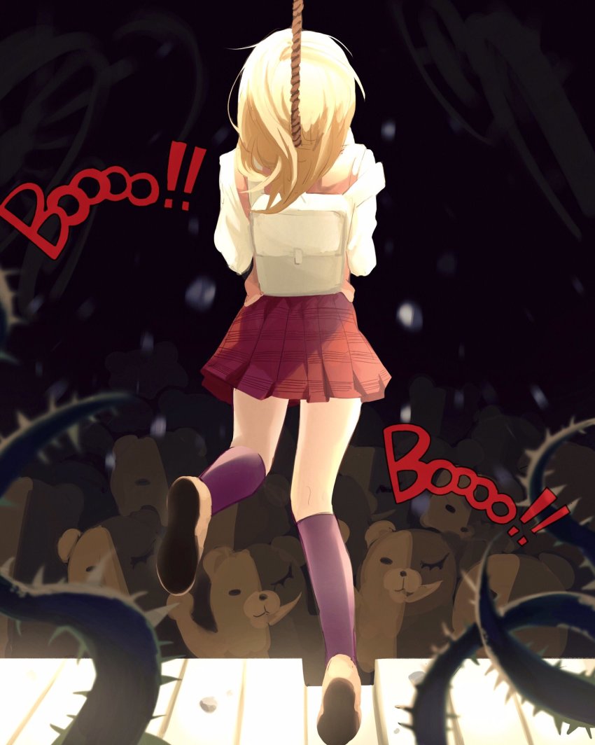 1girl, akamatsu_kaede, backpack, bag, black_background, blonde_hair, brown_footwear, commentary_request, danganronpa_(series), danganronpa_v3:_killing_harmony, from_behind, hanged, highres, kneehighs, long_hair, monokuma, nemari_(nemaru_0907), pink_skirt, pink_socks, pink_vest, rope, shirt, shoes, skirt, socks, spoilers, strangling, thorns, vest, white_bag, white_shirt