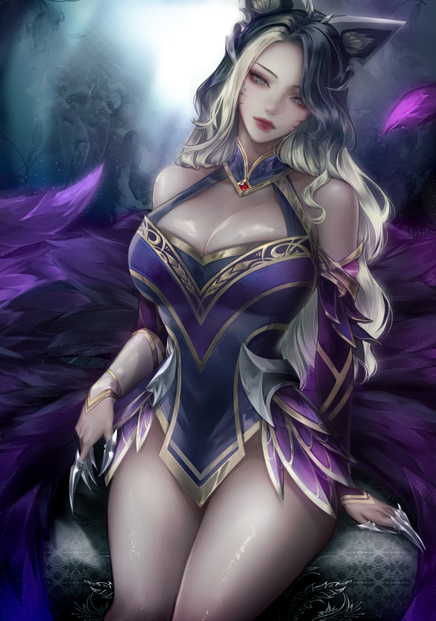 1girl, absurdres, ahri_(league_of_legends), animal_ears, artist_name, bare_shoulders, black_hair, blonde_hair, blue_eyes, breasts, claw_ring, cleavage, coven_ahri, detached_sleeves, dress, facial_mark, fox_ears, fox_tail, highres, jewelry, large_breasts, league_of_legends, lohel, long_hair, multicolored_hair, shiny_skin, sitting, solo, tail, two-tone_hair