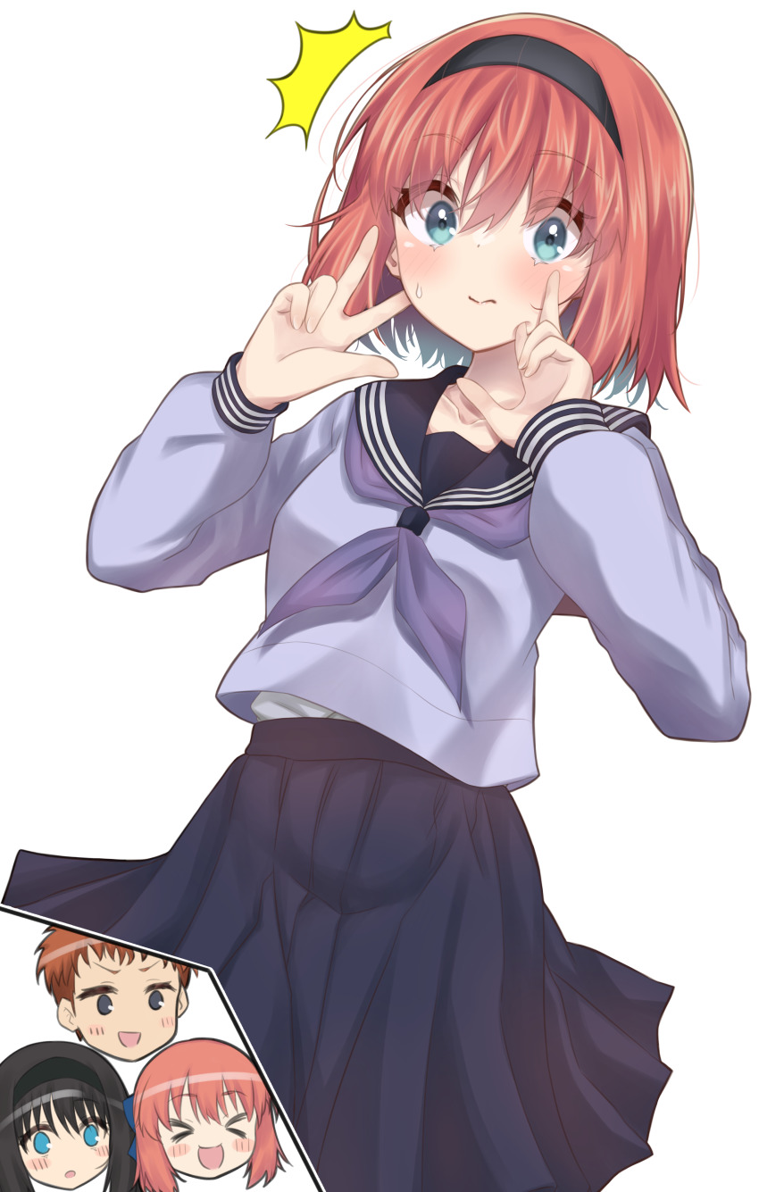 >_<, 1boy, 3girls, absurdres, alternate_costume, black_eyes, black_hair, black_hairband