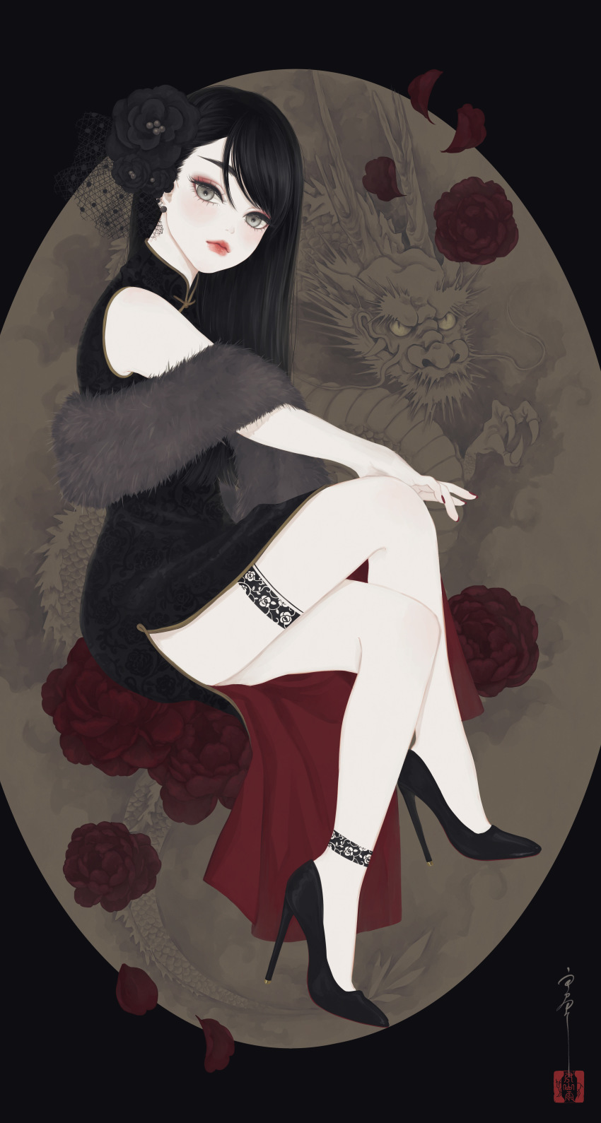 1girl, absurdres, bare_shoulders, black_background, black_dress, black_flower, black_hair, black_rose