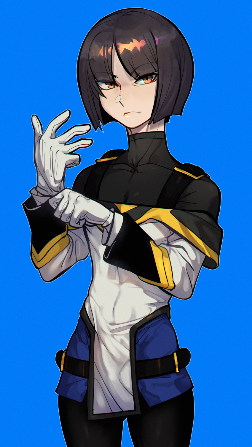 1boy, absurdres, adjusting_clothes, adjusting_gloves, belt, black_bodysuit, black_hair, black_pants