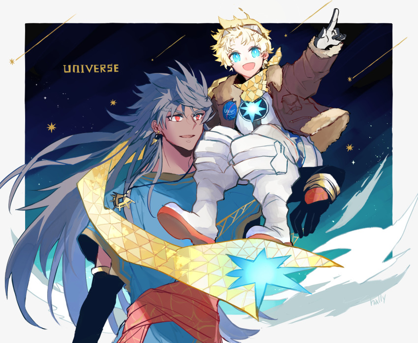 2boys, ancient_greek_clothes, black_gloves, blonde_hair, blue_eyes, blue_hair, bomber_jacket, carrying