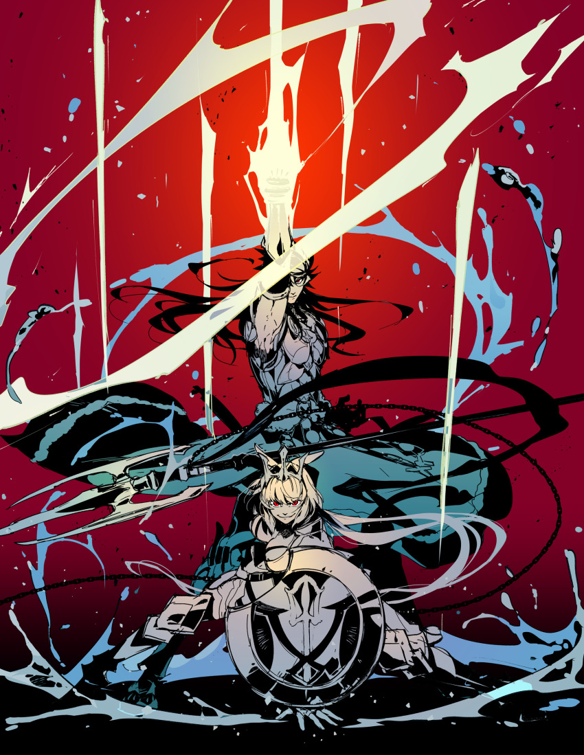 1boy, 1girl, animal_ears, arm_up, armor, boots, breasts, caenis_(fate), caenis_(third_ascension)_(fate), chain, fate/grand_order, fate_(series), glowing, glowing_hand, grin, highres, koshiro_itsuki, limited_palette, long_hair, polearm, red_background, red_eyes, revision, romulus-quirinus_(fate), romulus-quirinus_(second_ascension)_(fate), shield, smile, trident, weapon