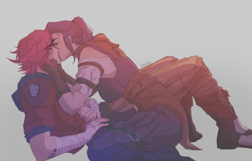 2girls, arcane:_league_of_legends, arcane_caitlyn, arcane_vi, arm_tattoo, artist_name, blue_hair, blush, caitlyn_(league_of_legends), closed_eyes, commentary, english_commentary, eyes_visible_through_hair, hands_on_another's_cheeks, hands_on_another's_face, highres, kaifu_ato, kiss, league_of_legends, multiple_girls, red_hair, tattoo, vi_(league_of_legends), yuri