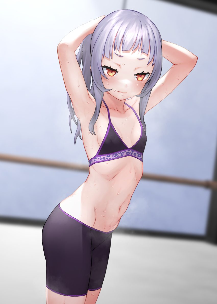 1girl, absurdres, armpits, arms_behind_head, arms_up, bare_arms, bare_shoulders, bike_shorts, blurry, blurry_background, blush, breasts, closed_mouth, collarbone, commentary_request, cowboy_shot, depth_of_field, highres, hololive, indoors, kabocha_head, long_hair, looking_at_viewer, murasaki_shion, navel, red_eyes, sidelocks, silver_hair, small_breasts, solo, sports_bra, steaming_body, stomach, sweat, v-shaped_eyebrows, virtual_youtuber