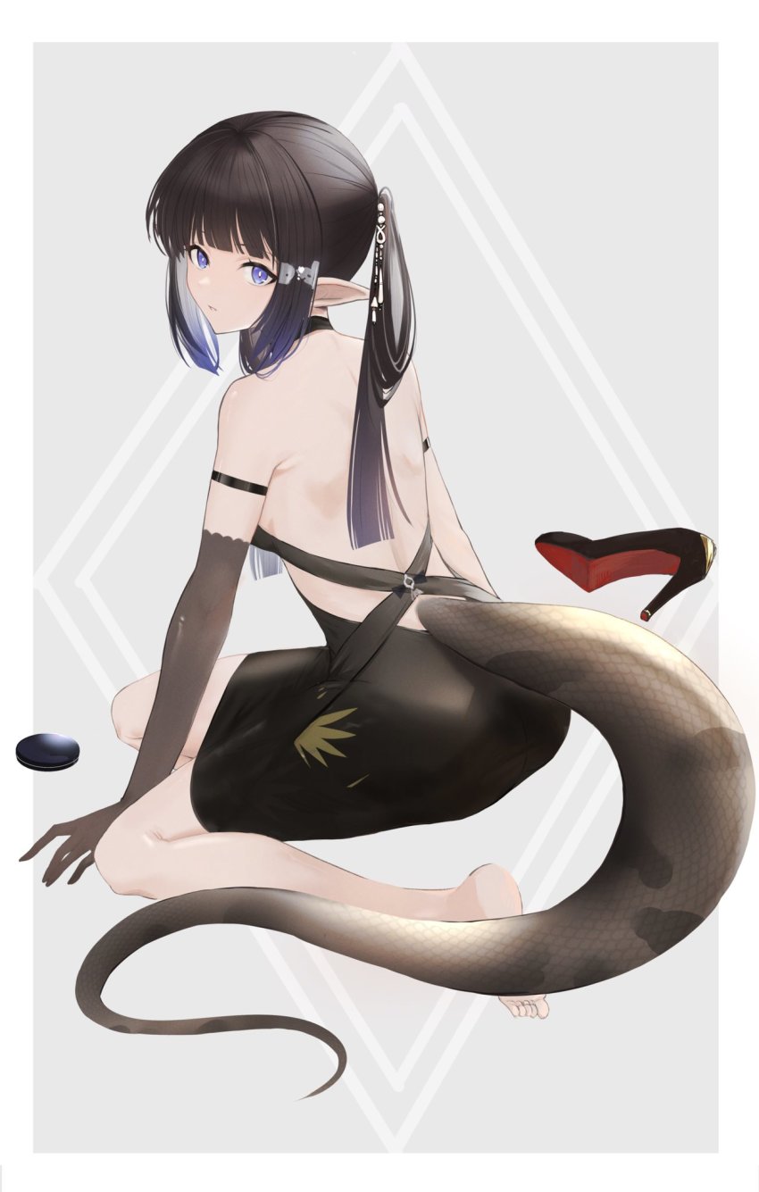 1girl, alternate_costume, alternate_hairstyle, arknights, arm_strap, back, backless_dress, backless_outfit