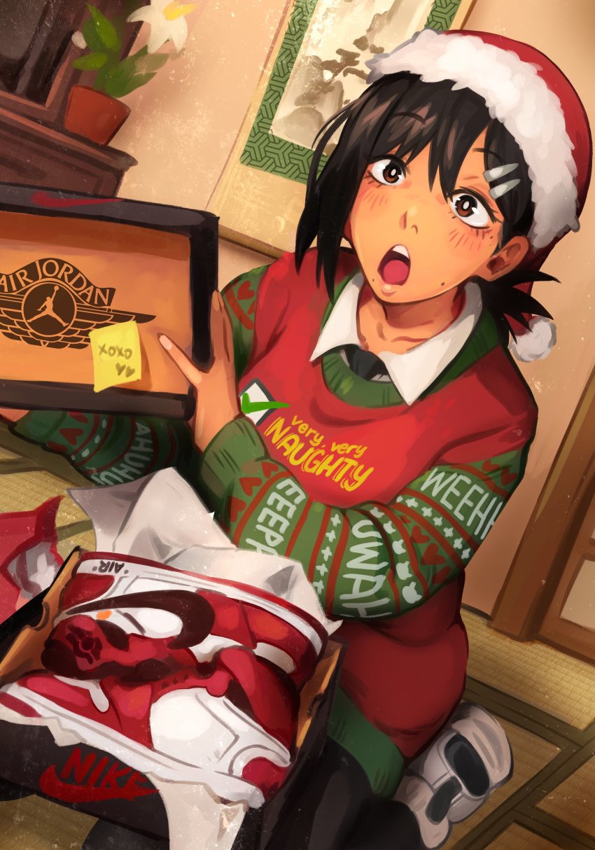 1girl, absurdres, air_jordan, black_hair, chainsaw_man, christmas, christmas_sweater, clothes_writing