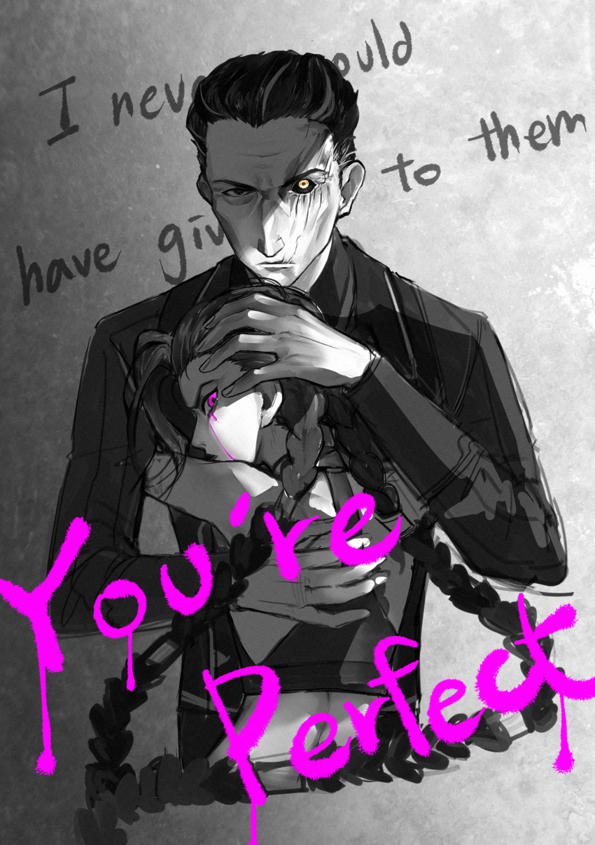 1boy, 1girl, absurdres, arcane:_league_of_legends, arcane_jinx, black_sclera, blood, bloody_tears