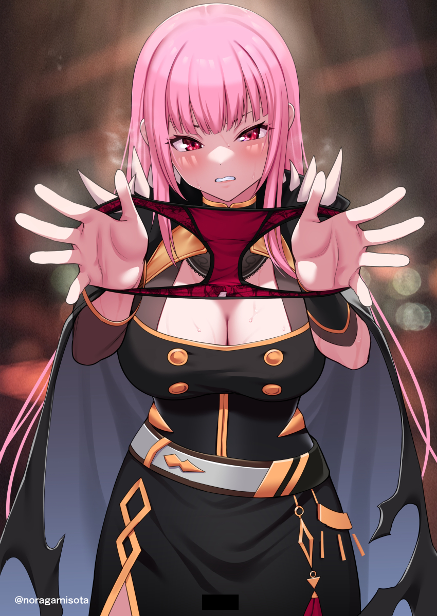 1girl, absurdres, belt, black_cape, black_dress, blunt_bangs, blurry, blurry_background, blush, breasts, cape, clenched_teeth, commentary_request, cowboy_shot, depth_of_field, dress, embarrassed, eyebrows_hidden_by_hair, highres, holding, holding_panties, holding_underwear, holding_unworn_clothes, hololive, hololive_english, large_breasts, long_hair, long_sleeves, looking_at_viewer, mori_calliope, noragami_sota, palms, panties, parted_lips, pink_hair, presenting_removed_panties, red_eyes, red_panties, solo, spotlight, sweat, teeth, twitter_username, underwear, unworn_panties, v-shaped_eyebrows, very_long_hair, virtual_youtuber