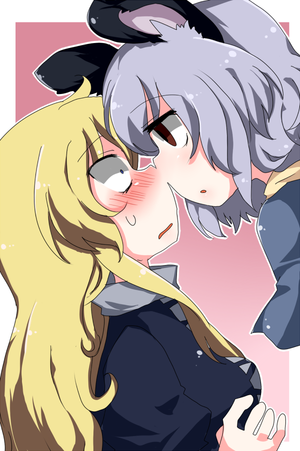 2girls, animal_ears, bad_id, bad_pixiv_id, blonde_hair, blush, brown_eyes, eye_contact