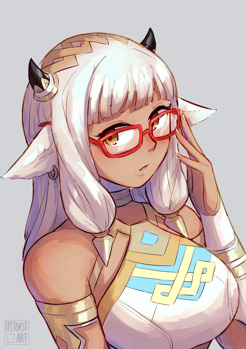 1girl, absurdres, adjusting_eyewear, animal_ears, arm_strap, ash_(fire_emblem), bare_shoulders, black_horns, brown_eyes, choker, commentary, cow_ears, cow_girl, cow_horns, dark-skinned_female, dark_skin, ear_piercing, earrings, english_commentary, female_focus, fire_emblem, fire_emblem_heroes, glasses, gold_trim, hand_on_eyewear, highres, horns, jewelry, nintendo, piercing, red-framed_eyewear, silver_hair, sleeveless, solo, toast_(oreocorio), upper_body