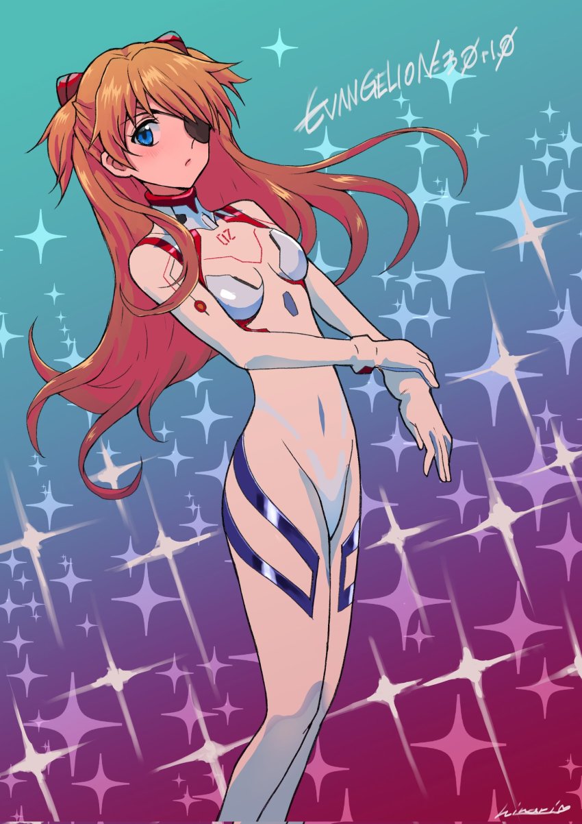 1girl, blue_eyes, bodysuit, breasts, brown_hair, evangelion:_3.0+1.0_thrice_upon_a_time, eyepatch, gradient_background