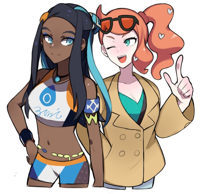 2girls, ;d, armlet, belly_chain, bike_shorts, black_hair, blue_eyes, blue_eyeshadow