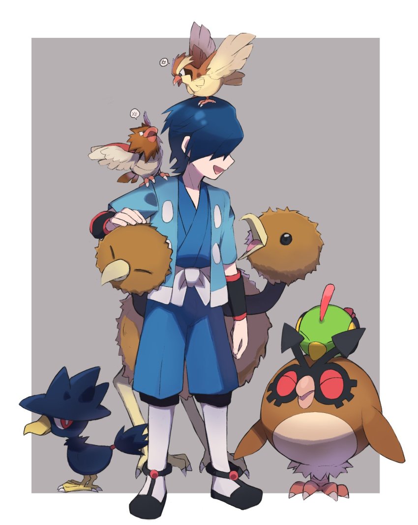 1boy, animal, animal_on_head, bird, bird_on_head, blue_hair, blue_jacket, blue_kimono