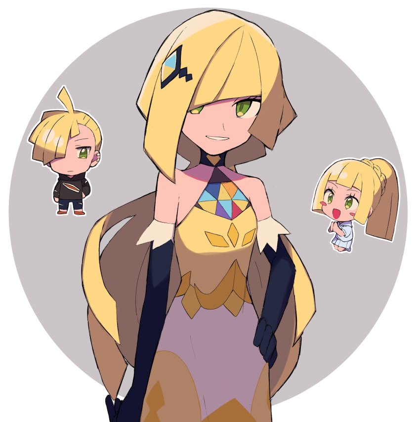 1boy, 2girls, :d, ahoge, bare_shoulders, black_gloves, black_hoodie, black_pants, blonde_hair, blush_stickers, brother_and_sister, chibi, chibi_inset, closed_mouth, commentary_request, dress, ear_piercing, elbow_gloves, eyelashes, family, gladion_(pokemon), gloves, green_eyes, hair_over_one_eye, highres, hood, hoodie, lillie_(pokemon), long_hair, lusamine_(pokemon), lusamine_(sygna_suit)_(pokemon), mature_female, mother_and_child, mother_and_daughter, mother_and_son, multiple_girls, nintendo, official_alternate_costume, open_mouth, own_hands_together, pants, parent_and_child, parted_lips, piercing, pleated_skirt, pokemon, pokemon_masters_ex, pokemon_sun_and_moon, ponytail, red_footwear, shirt, shoes, short_hair, siblings, skirt, smile, tyako_089, yellow_dress