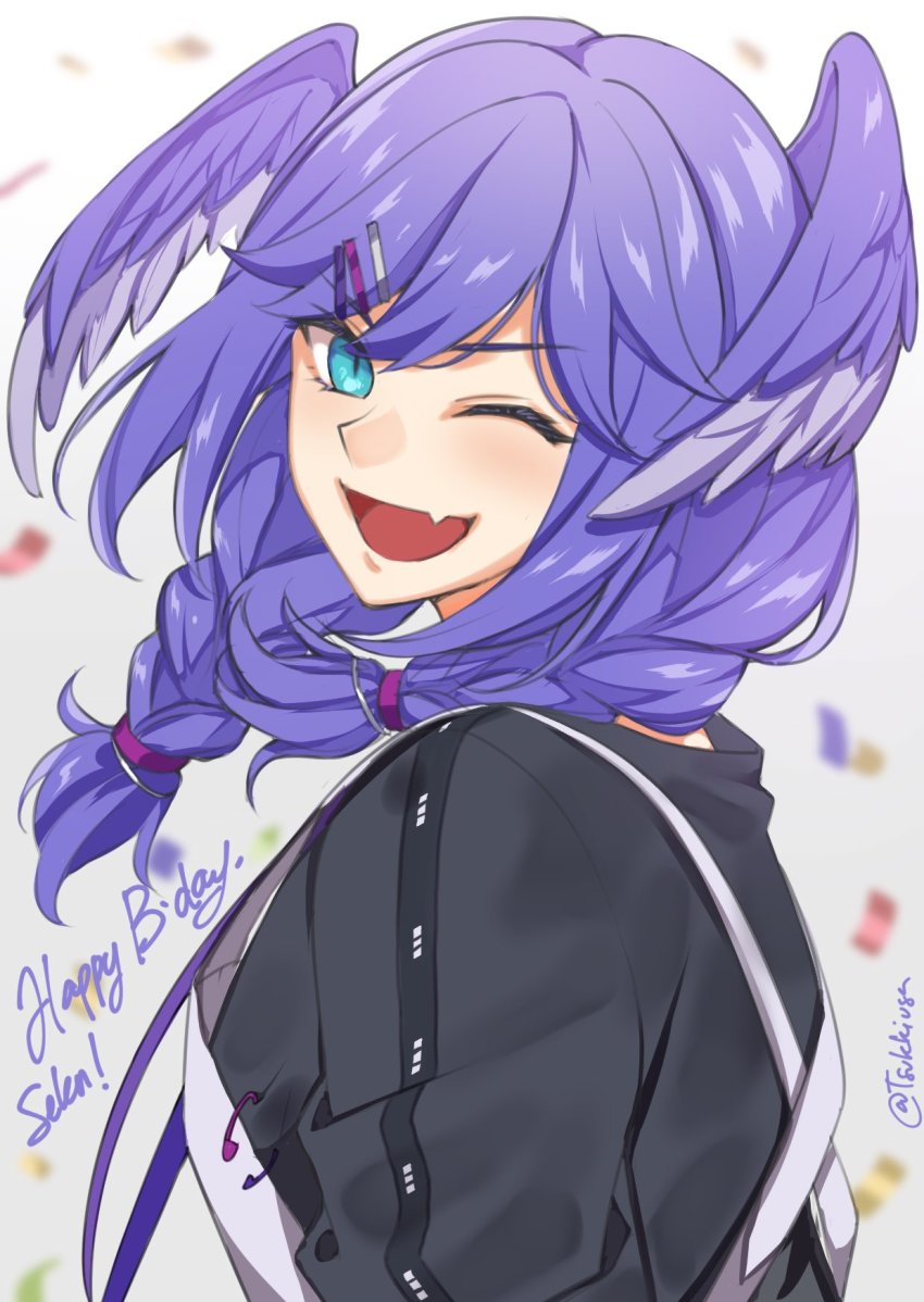 1girl, black_sweater, blue_eyes, blurry, blurry_background, braid, commentary, confetti, english_commentary, fang, floating_hair, from_side, hair_ornament, hairclip, happy_birthday, head_wings, highres, looking_at_viewer, medium_hair, nijisanji, nijisanji_en, one_eye_closed, open_mouth, purple_eyes, selen_tatsuki, selen_tatsuki_(1st_costume), skin_fang, smile, solo, sweater, tsukky, twin_braids, twitter_username, virtual_youtuber, wings