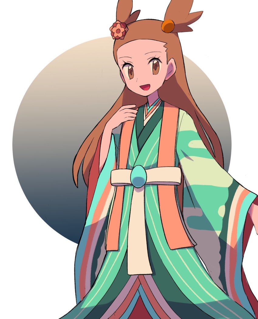 1girl, :d, brown_eyes, brown_hair, commentary_request, eyelashes, green_kimono, hair_bobbles