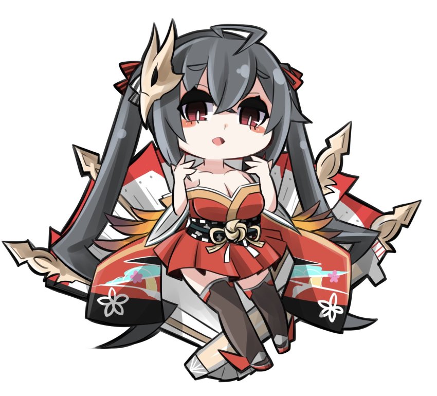 1girl, azur_lane, bare_shoulders, black_hair, breasts, chibi, cleavage, hair_ornament, hair_ribbon, highres, japanese_clothes, kimono, mask, mask_on_head, oquri, red_eyes, ribbon, skirt, socks, solo, taihou_(azur_lane), thighhighs, twintails, yukata