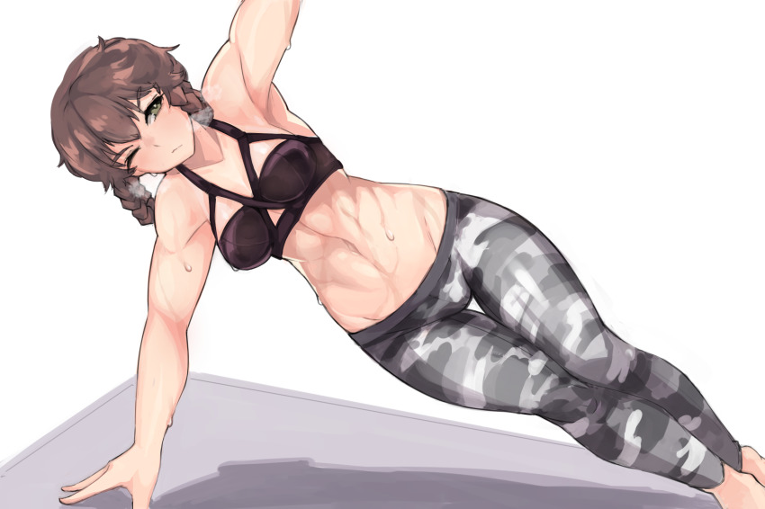 abs, amane_suzuha, barefoot, black_bra, bra, braid, brown_hair, camouflage, camouflage_pants, exercising, green_eyes, highres, jonyeld, looking_away, muscular, muscular_female, navel, one_eye_closed, pants, planking, science_adventure, short_hair, simple_background, sports_bra, steins;gate, steins;gate_0, sweat, thigh_gap, twin_braids, underwear