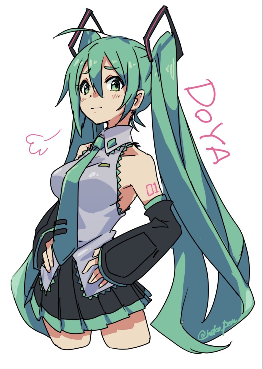 1girl, :3, puff_of_air, aqua_eyes, aqua_hair, aqua_necktie, bare_shoulders, black_skirt