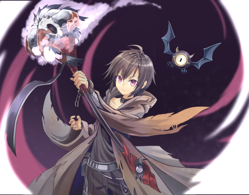 1boy, ahoge, bandaged_arm, bandages, bat_wings, belt, broken, broken_chain