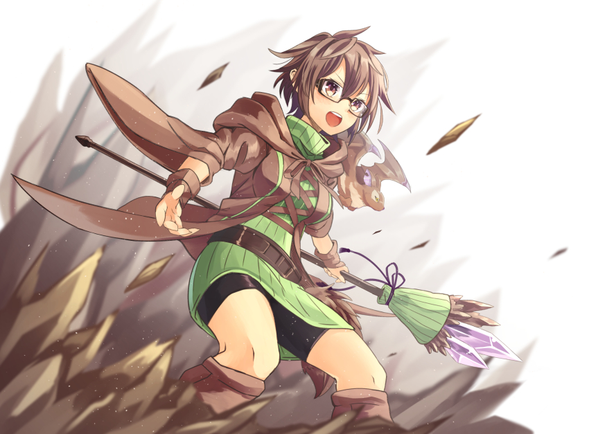 1girl, archfiend_marmot_of_nefariousness, aussa_(yu-gi-oh!), aussa_the_earth_charmer, boots, brown_hair, brown_robe, crystal, duel_monster, feet_out_of_frame, glasses, hair_between_eyes, highres, holding, holding_staff, mikan_(13alice666), open_mouth, ribbed_sweater, robe, rock, short_hair, shorts, staff, sweater, turtleneck, wind, wrist_cuffs, yu-gi-oh!