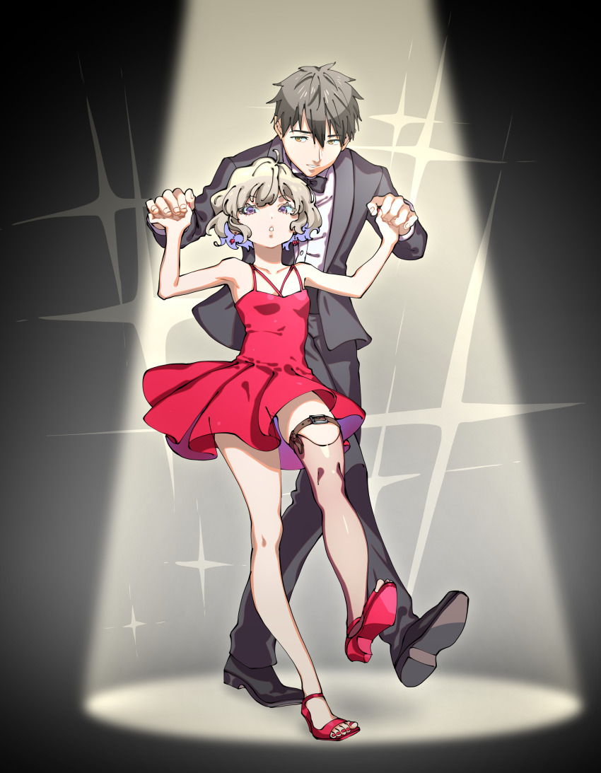 1boy, 1girl, absurdres, bare_arms, black_bow, black_bowtie, black_footwear, black_hair, black_jacket, black_pants, bomhat, bow, bowtie, breasts, dancing, dress, dress_shoes, formal_clothes, full_body, high_heels, highres, holding_hands, iwanaga_kotoko, jacket, kyokou_suiri, light_brown_hair, long_sleeves, looking_at_viewer, pants, parted_lips, purple_eyes, red_dress, red_footwear, sakuragawa_kurou, shirt, short_dress, short_hair, single_thighhigh, skindentation, sleeveless, sleeveless_dress, small_breasts, spotlight, suit, suit_jacket, thigh_strap, thighhighs, traditional_bowtie, white_shirt, yellow_eyes
