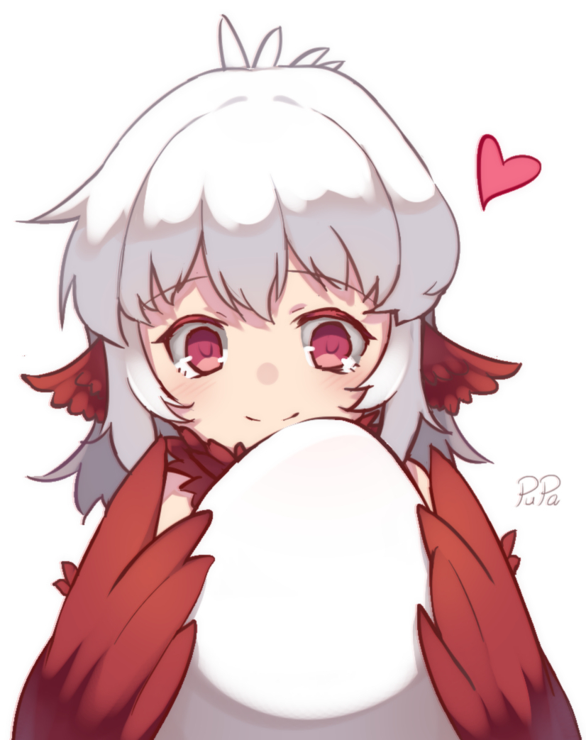 1girl, animal_ears, artist_name, bird_ears, black_souls, blush, commentary_request, egg, feathers, goose_(black_souls), harpy, heart, holding, holding_egg, long_hair, monster_girl, neck_ruff, pupa_jiang, red_eyes, red_feathers, red_wings, simple_background, smile, solo, white_background, white_hair, winged_arms, wings