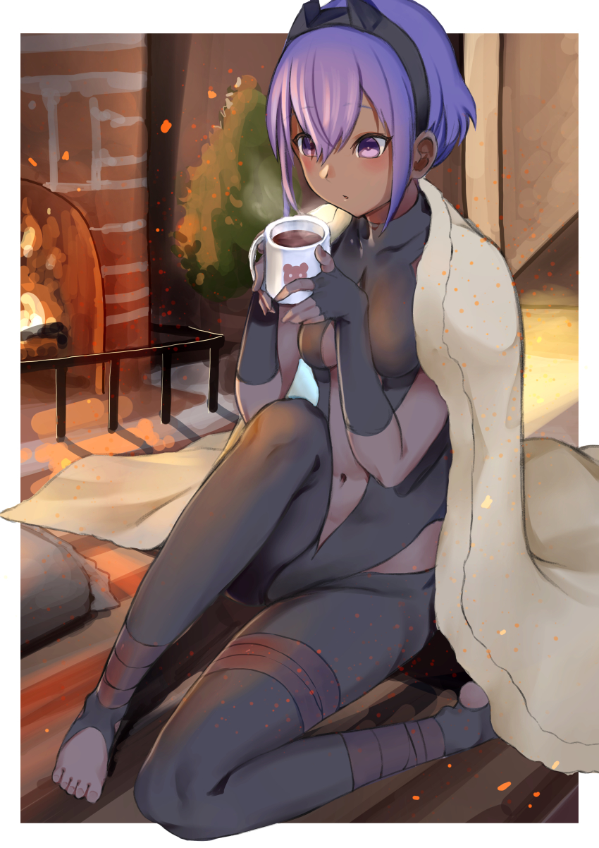 1girl, absurdres, black_gloves, black_hairband, black_leotard, blanket, blowing_on_food, blush