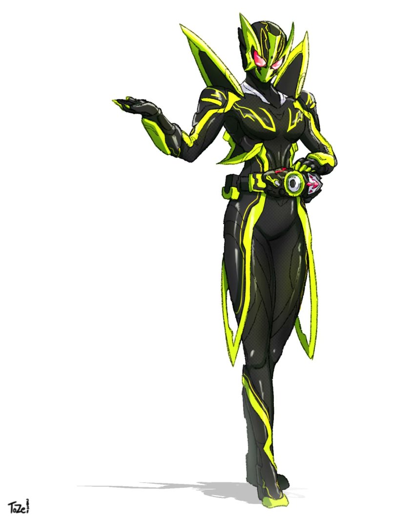 1girl, alternate_costume, alternate_universe, armor, breasts, cowboy_shot, fake_horns, full_body, glowing, glowing_eyes, green_armor, helmet, highres, horned_helmet, horns, is_(kamen_rider_01), kamen_rider, kamen_rider_01_(series), kamen_rider_zero-two, medium_breasts, red_eyes, rider_belt, shining_hopper, signature, simple_background, spiked_armor, spikes, to_ze, white_background