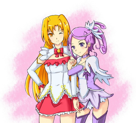 2girls, balala_the_fairies, cleavage_cutout, clothing_cutout, crossover, cure_sword, dokidoki!_precure, hand_on_own_hip