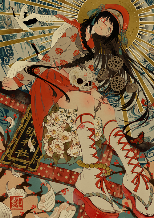 1girl, anklet, bandages, bird, black_hair, blue_eyes, braid, bug