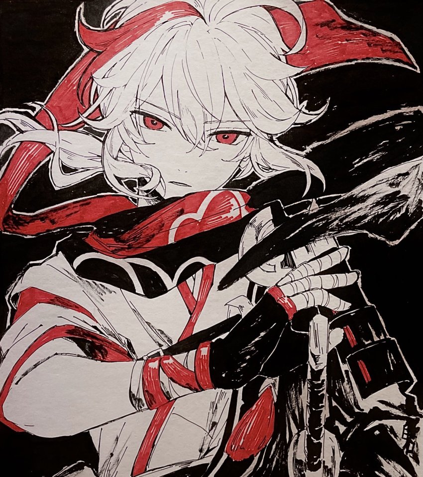 1boy, antenna_hair, armor, bandaged_hand, bandages, commentary_request, fingerless_gloves, genshin_impact