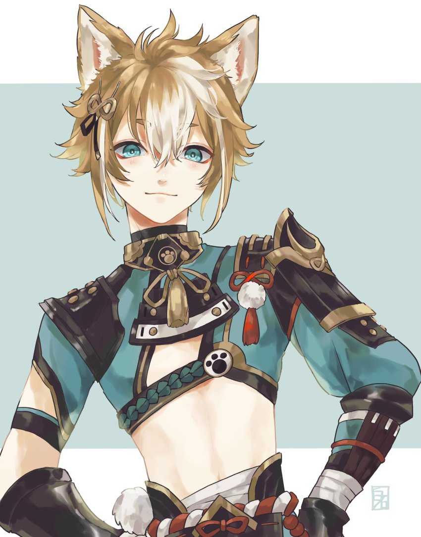 1boy, animal_ears, aqua_eyes, armor, bandages, closed_mouth, commentary_request, dog_boy