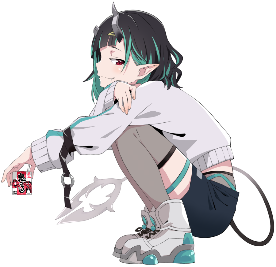 1girl, akitetsu, black_hair, black_shorts, blue_hair, blush, closed_mouth, demon_girl