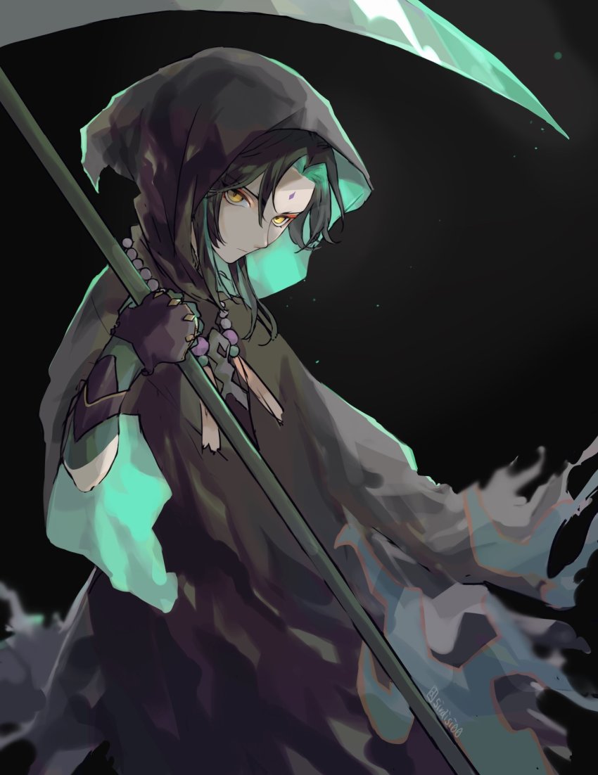 1boy, bead_necklace, beads, black_background, black_hair, cloak, closed_mouth, commentary_request