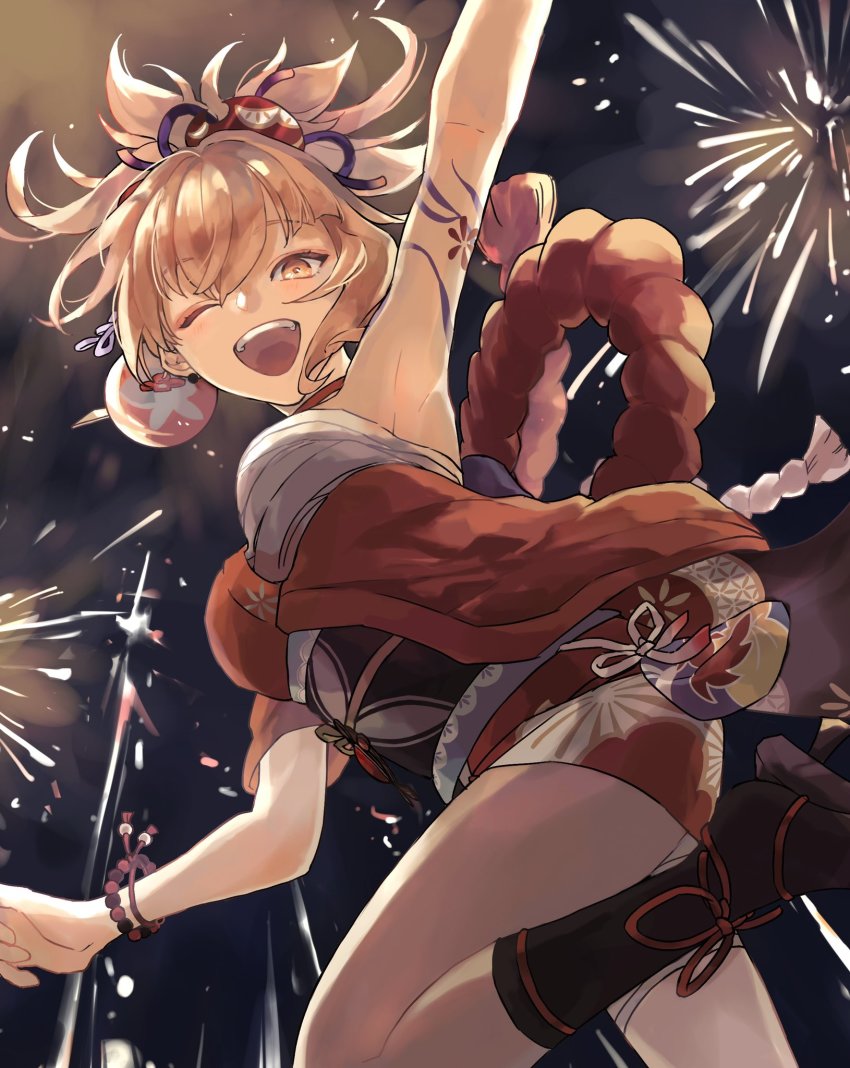 1girl, arm_tattoo, arm_up, armpits, bandages, blonde_hair, bracelet, choker, commentary_request, fireworks, genshin_impact, hadanugi_dousa, highres, japanese_clothes, jewelry, kimono, leg_up, looking_at_viewer, makeup, night, obi, open_clothes, open_kimono, open_mouth, orange_kimono, outdoors, red_choker, rope, sarashi, sash, shimenawa, shiraishi_(siraisi00), solo, tattoo, yellow_eyes, yoimiya_(genshin_impact)