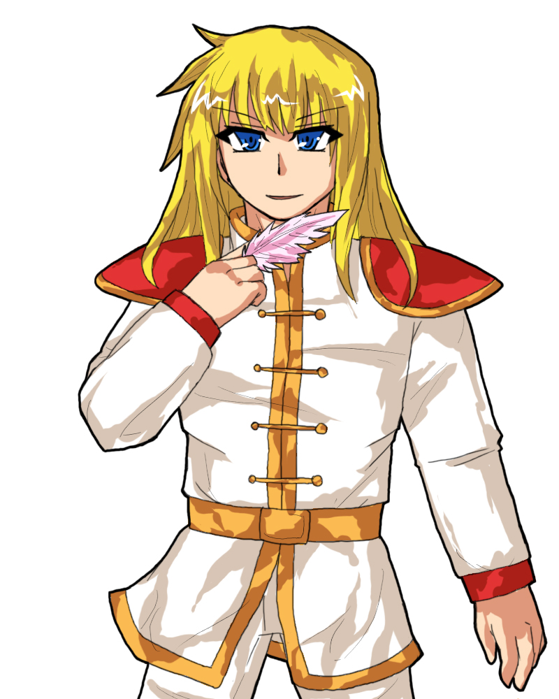 1boy, alphes_(style), blonde_hair, feathers, hokuto_no_ken, long_hair, male_focus, parody