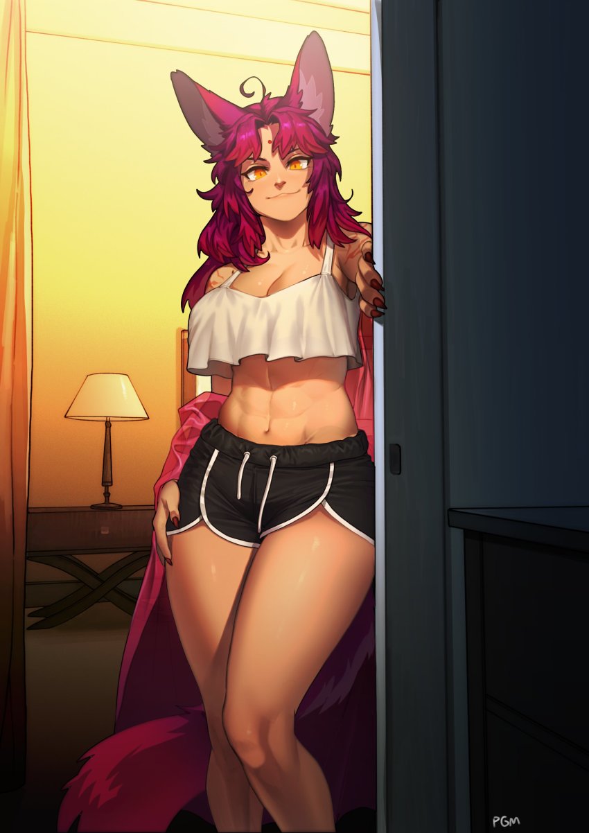 1girl, abs, absurdres, ahoge, animal_ears, artist_name, commission, crop_top, crop_top_overhang, feet_out_of_frame, highres, indoors, iori_(ryushiko), lamp, looking_at_viewer, navel, orange_eyes, original, pgm300, purple_hair, shorts, smile, solo, standing, tail, toned, watermark