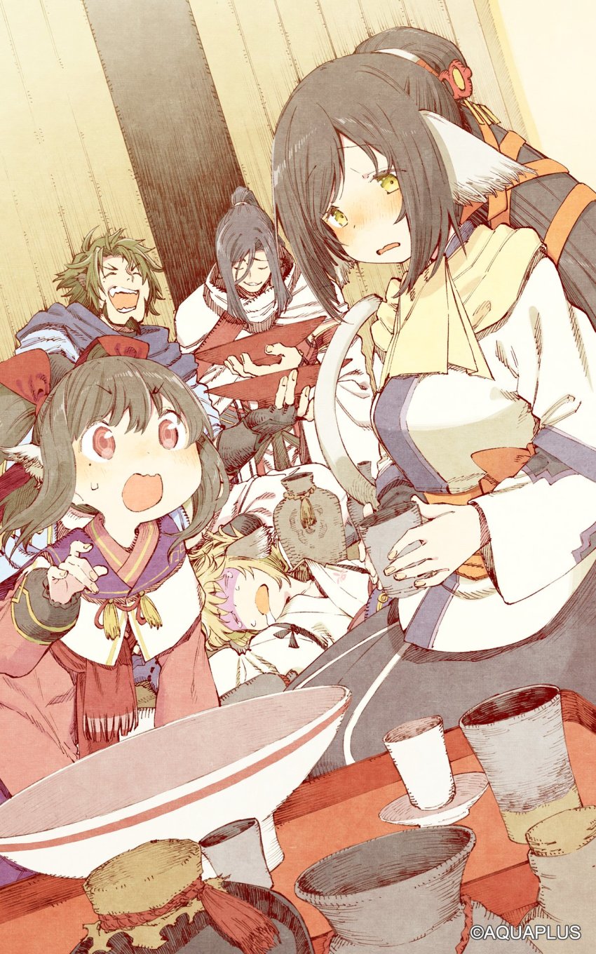 2girls, 3boys, abara_heiki, ainu_clothes, all_fours, animal_ears, aquaplus, arm_up