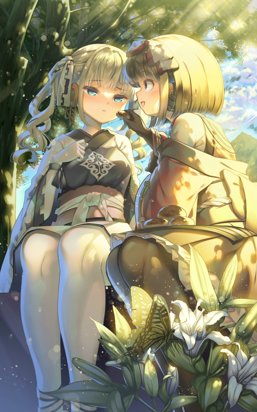 2girls, ainu_clothes, aquaplus, artist_request, black_hair, blue_eyes, blue_sky, blush