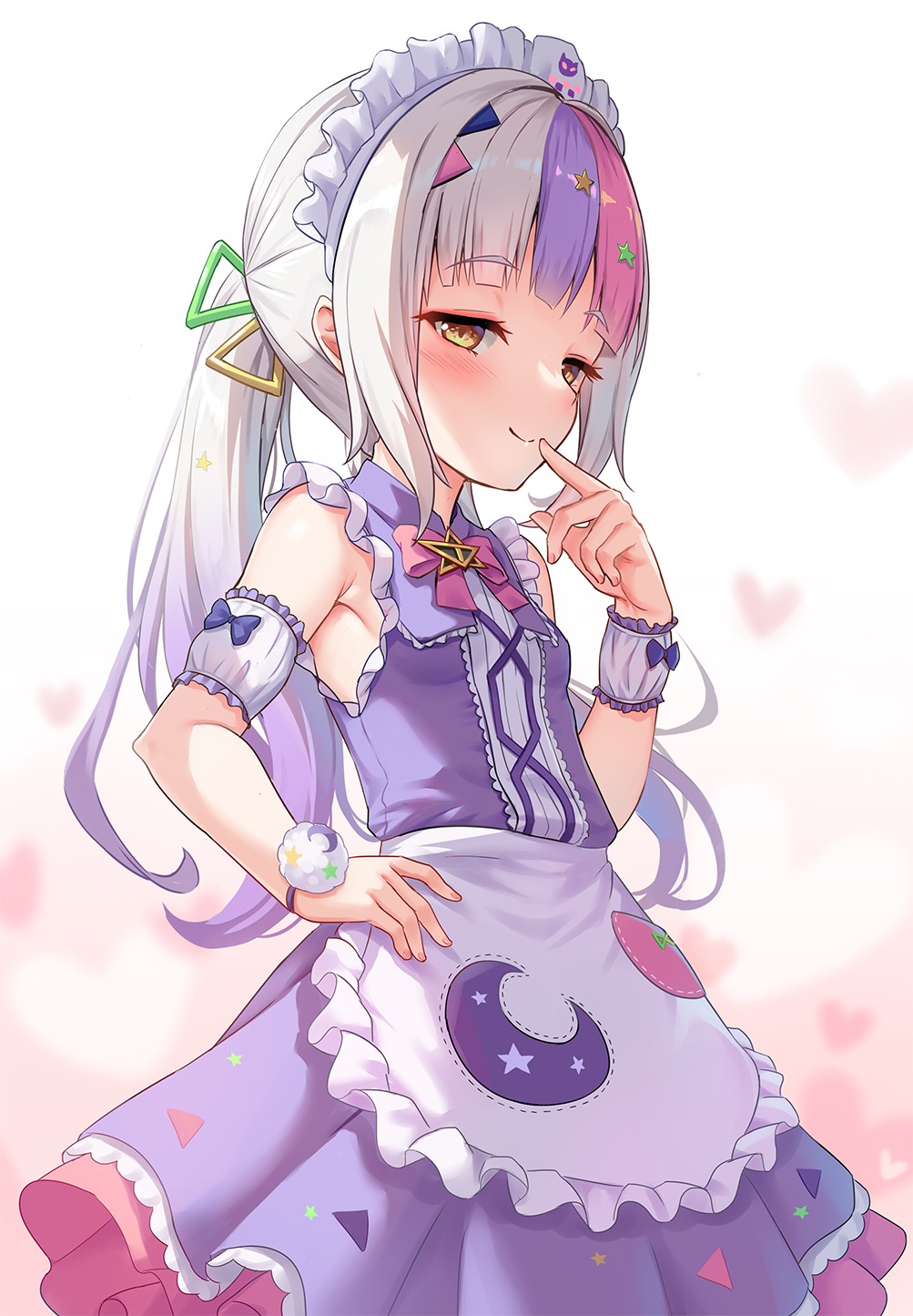 1girl, apron, blush, breasts, brown_eyes, dress, finger_to_mouth, hand_on_own_hip