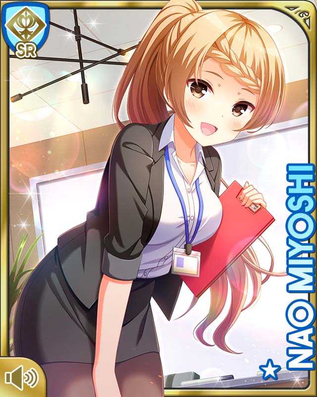 1girl, :d, braid, brown_eyes, brown_hair, card_medium), character_name, clipboard
