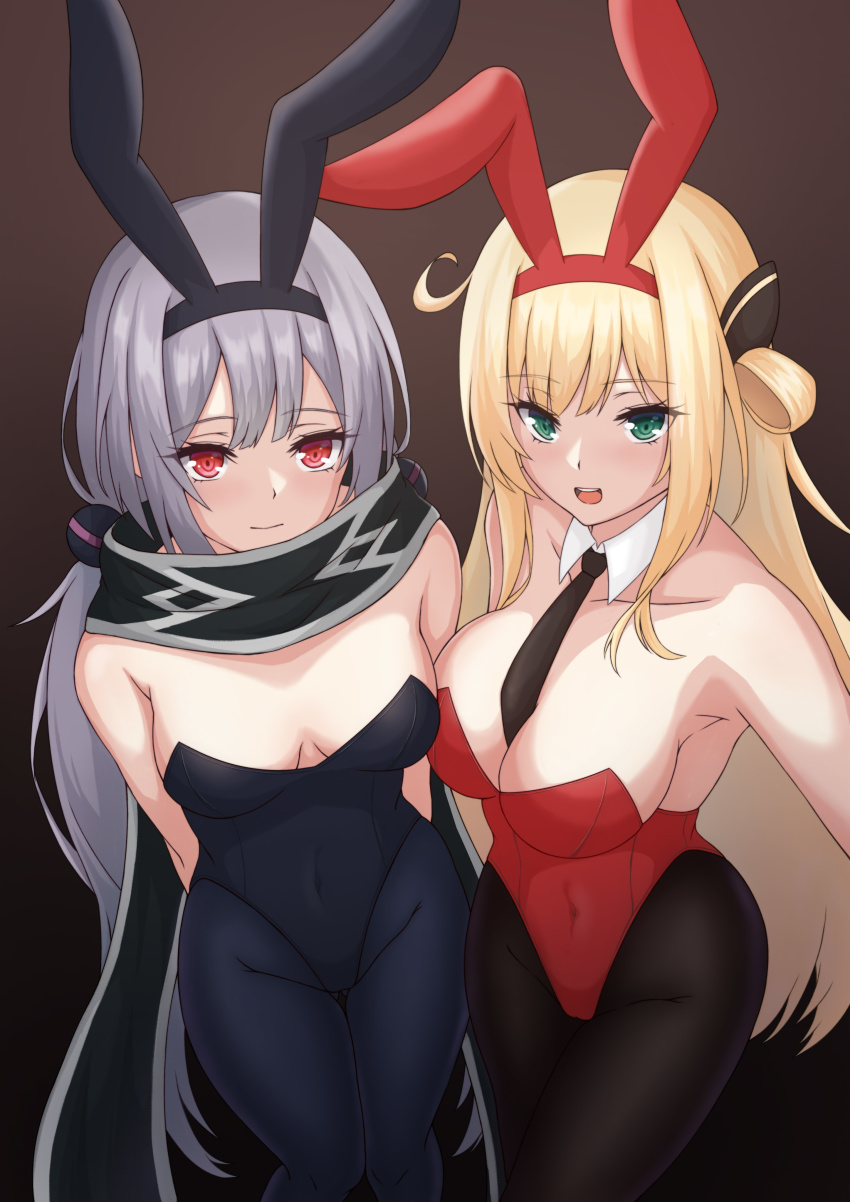 2girls, absurdres, alternate_costume, animal_ears, bare_shoulders, between_breasts, black_necktie, blonde_hair, breasts, collarbone, detached_collar, duel_monster, fake_animal_ears, feet_out_of_frame, goldred, green_eyes, grey_hair, highres, leotard, long_hair, multiple_girls, necktie, necktie_between_breasts, open_mouth, pantyhose, playboy_bunny, rabbit_ears, red_eyes, scarf, sky_striker_ace_-_raye, sky_striker_ace_-_roze, strapless, strapless_leotard, yu-gi-oh!