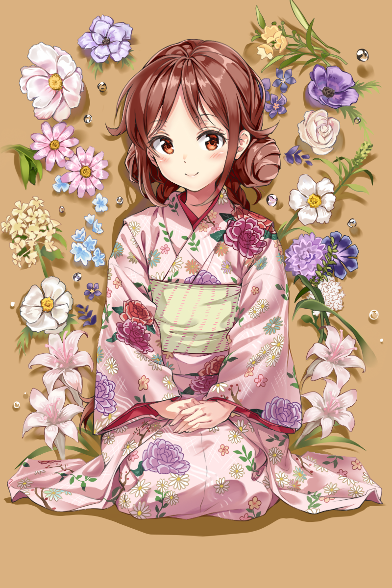 1girl, blush, braid, brown_hair, commentary_request, double_bun, floral_background, floral_print