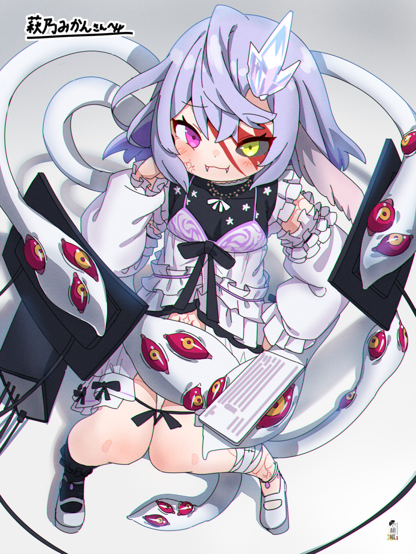 1girl, black_sclera, black_socks, blush, bobby_socks, closed_mouth, colored_sclera, commentary, commission, computer, computer_keyboard, computer_tower, crystal, dress, extra_eyes, fangs, fangs_out, grey_hair, hagino_mikan, hair_between_eyes, hair_ornament, hand_up, heterochromia, highres, indie_virtual_youtuber, kuro_kosyou, long_sleeves, monitor, puffy_long_sleeves, puffy_sleeves, purple_eyes, shoes, single_sock, skeb_commission, sleeves_past_wrists, smile, socks, solo, tentacles, translation_request, virtual_youtuber, white_dress, white_shoes, yellow_eyes