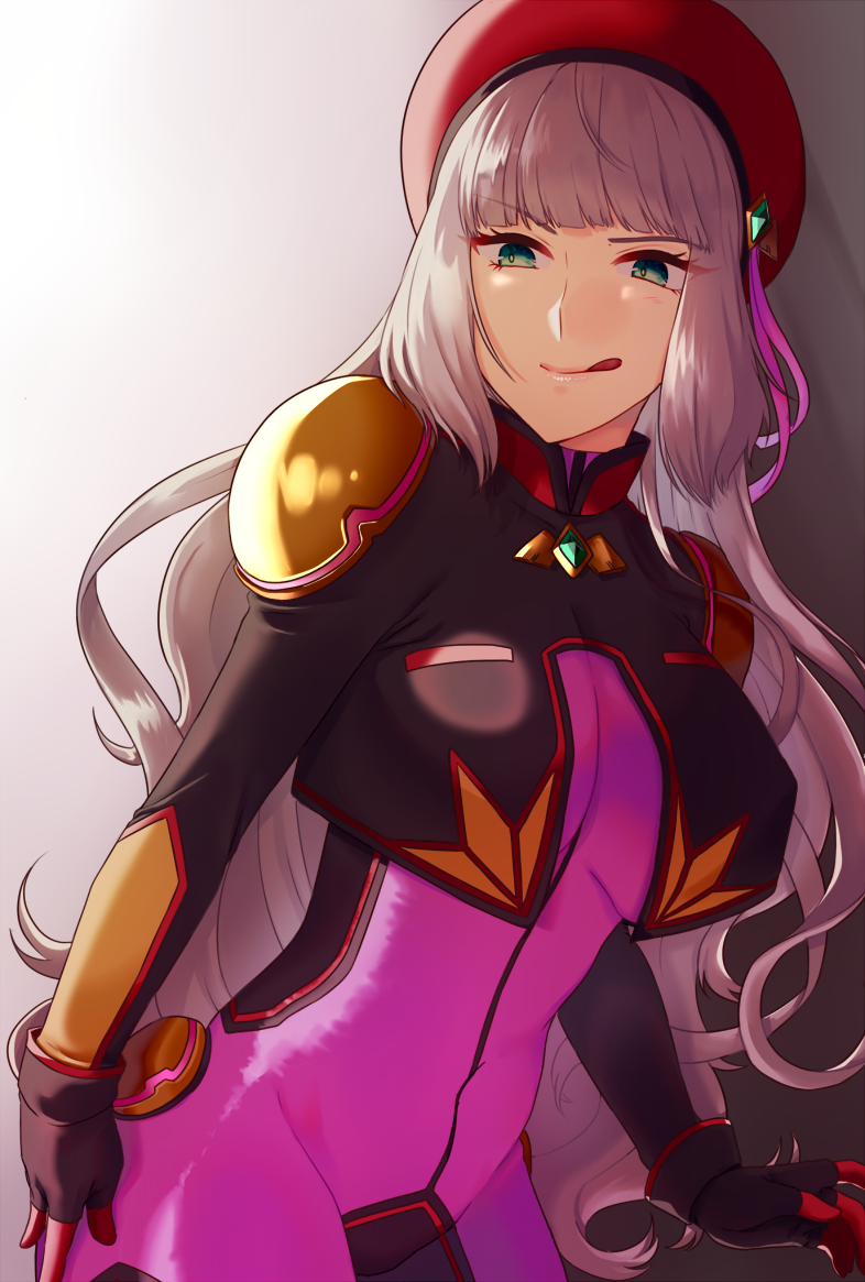 1girl, :q, beret, blunt_bangs, bodysuit, breasts, cowboy_shot, cropped_jacket, fingerless_gloves, gloves, green_eyes, gundam, gundam_exa, gundam_exa_vs, hat, licking_lips, long_hair, looking_at_viewer, mecha_pilot_suit, medium_breasts, normal_suit_(gundam), pilot_suit, shoulder_pads, silver_hair, skin_tight, smile, solo, sthesia_awar_nono, tongue, tongue_out, very_long_hair, wavy_hair, yozora_(yaku)