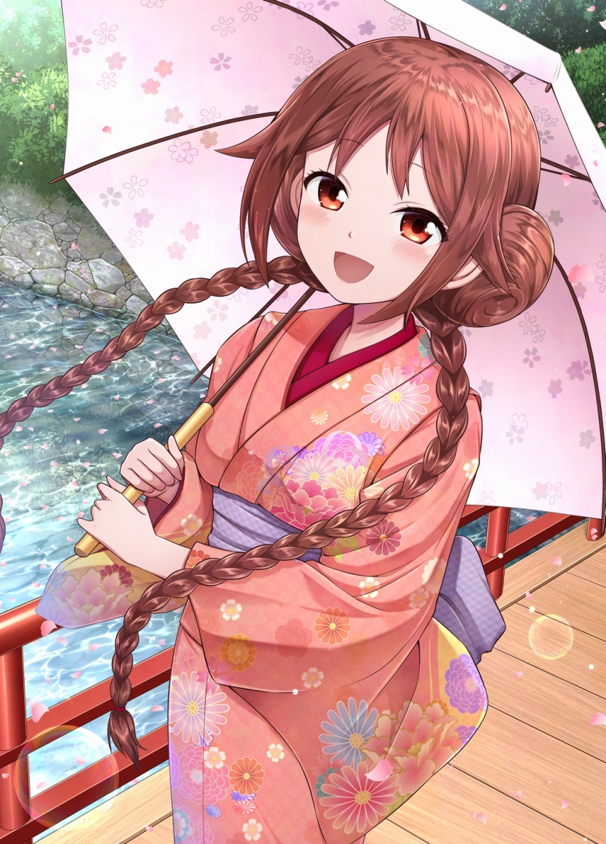 1girl, :d, blush, braid, bridge, brown_hair, bush, cherry_blossom_print