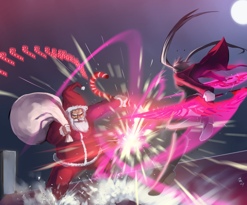 00s, 1boy, 1girl, archerko_(himura_kiseki), battle, candy, candy_cane, christmas, clash, dual_wielding, epic, fate/stay_night, fate_(series), food, full_moon, holding, holding_candy, holding_candy_cane, moon, night, santa_claus, sword, thighhighs, weapon, what, zhen_lu